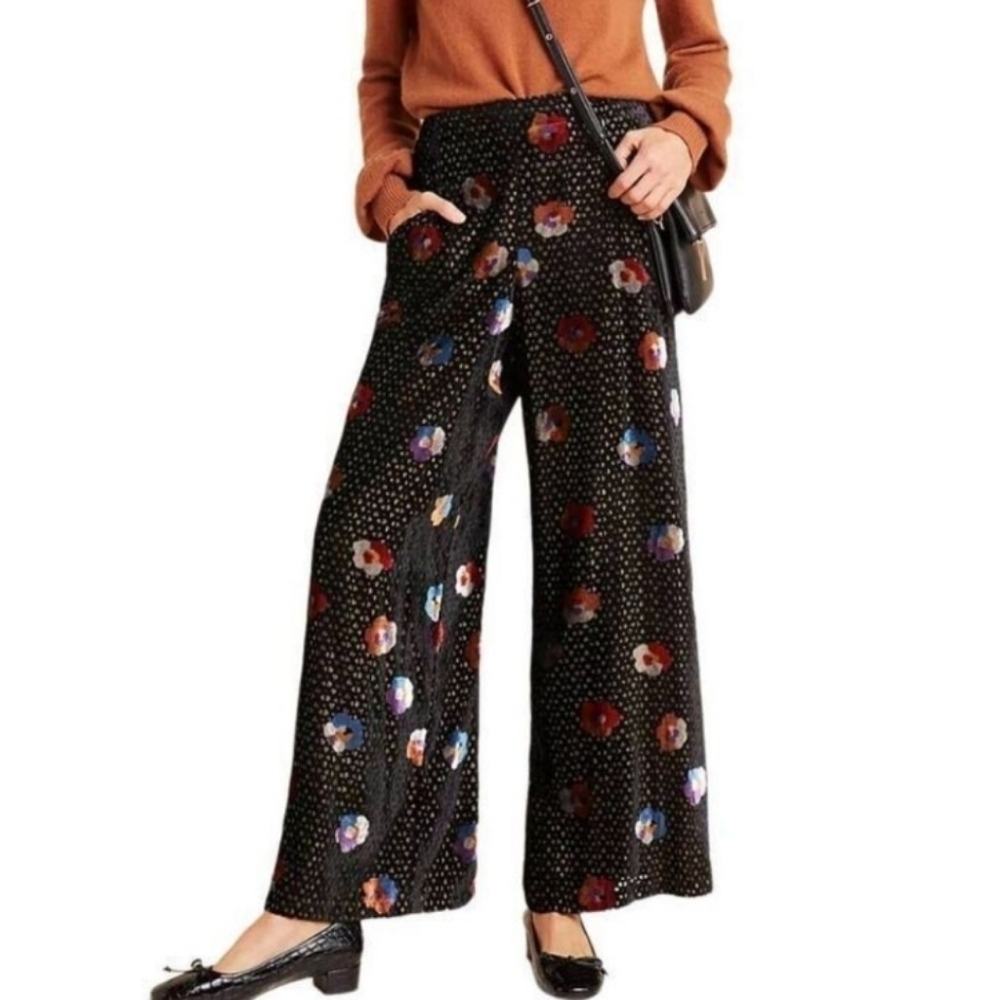 Anthropologie Eva Franco Pasquette Velvet Floral Wide Leg Pants 2